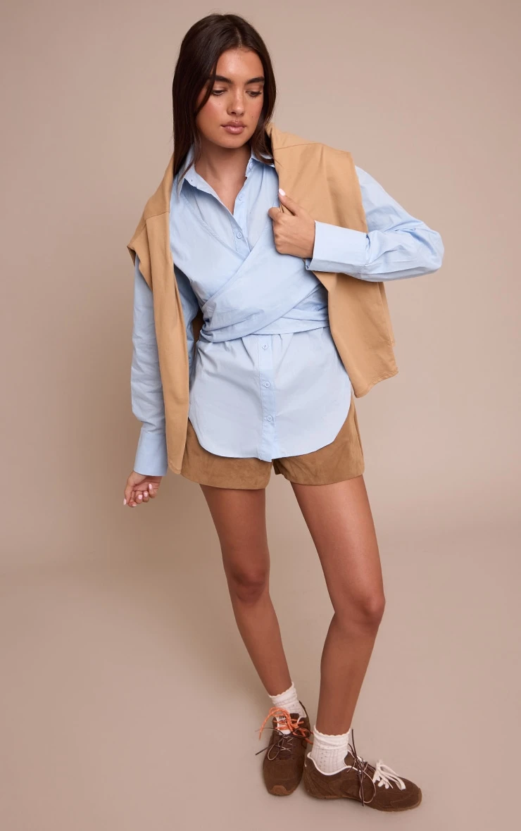 Prettylittlething Light Blue Cotton Wrap Detail Longline Shirt 3 Prettylittlething Light Blue Cotton Wrap Detail Longline Shirt - Image 3
