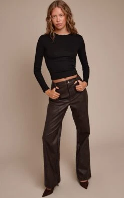 Prettylittlething Dark Chocolate Faux Leather Seam Detail Pants