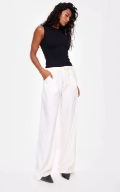 Cream Structured Woven Tailored Wide Leg Pants