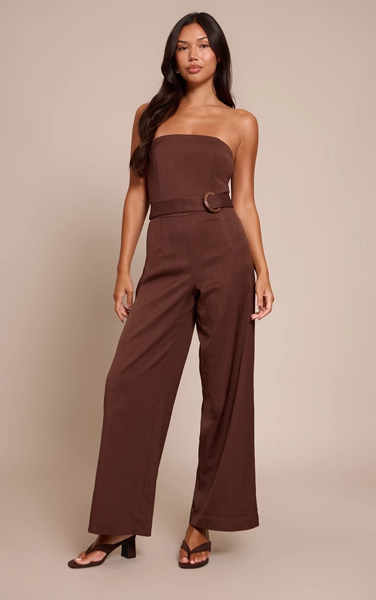 Prettylittlething Chocolate Woven Bandeau Belt Detail Straight Leg Jumpsuit 1 Prettylittlething Chocolate Woven Bandeau Belt Detail Straight Leg Jumpsuit