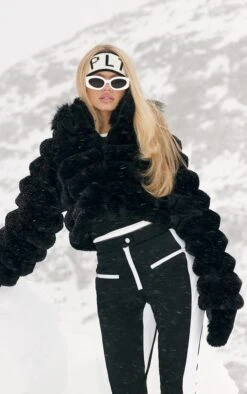Prettylittlething Black Bubble Faux Fur Puffer Coat