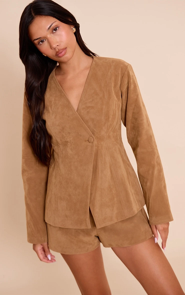 Tan Structured Faux Suede Tailored Shorts - Image 4