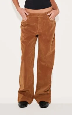 Prettylittlething Deep Tan Faux Suede Mid Rise Straight Leg Pants