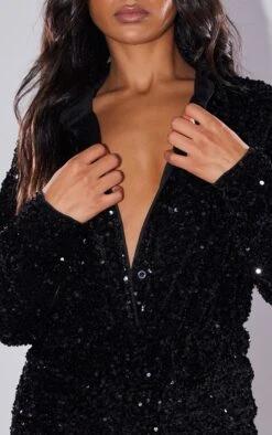 Prettylittlething Black Sequin Shirt Romper -Pretty Little Thing Shop 5d199ecec4eb2d9739de09416dd78ff937adb151 cng6209 4