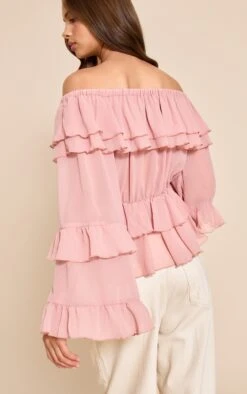 Prettylittlething Pale Pink Chiffon Tiered Ruffle Bardot Top -Pretty Little Thing Shop 5d315c80eb00e73a325d4cc2ac59ff7402111a86 CNN6803 2 pale pink chiffon tiered ruffle bardot top