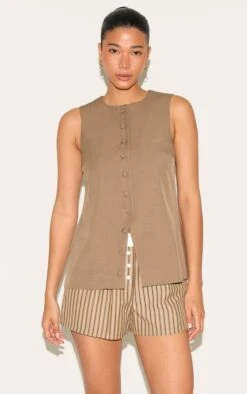 Prettylittlething Mushroom Woven Button Down Longline Vest