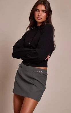 Prettylittlething Charcoal Belt Detail Pleated Skirt