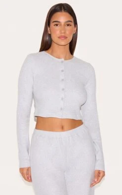 Prettylittlething Ash Grey Brushed Rib Button Cardigan