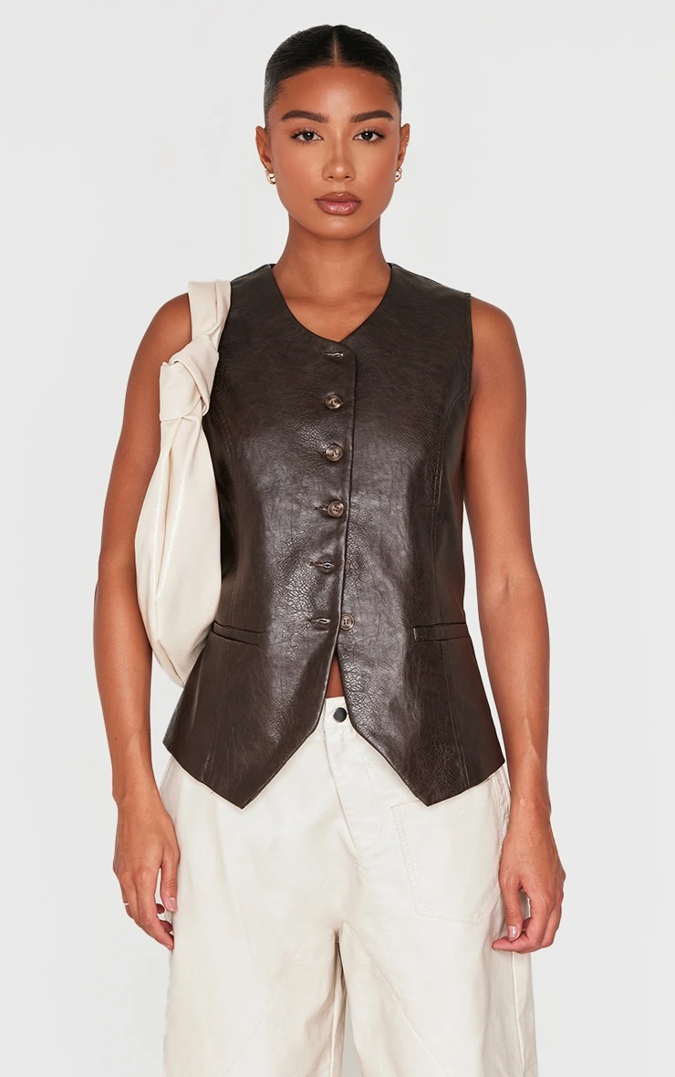 Prettylittlething Brown Faux Leather Long Line Button Up Vest 3 Prettylittlething Brown Faux Leather Long Line Button Up Vest - Image 3
