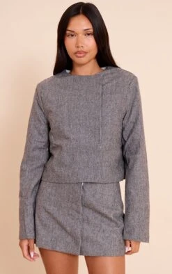 Grey Dogtooth Print Cropped Jacket