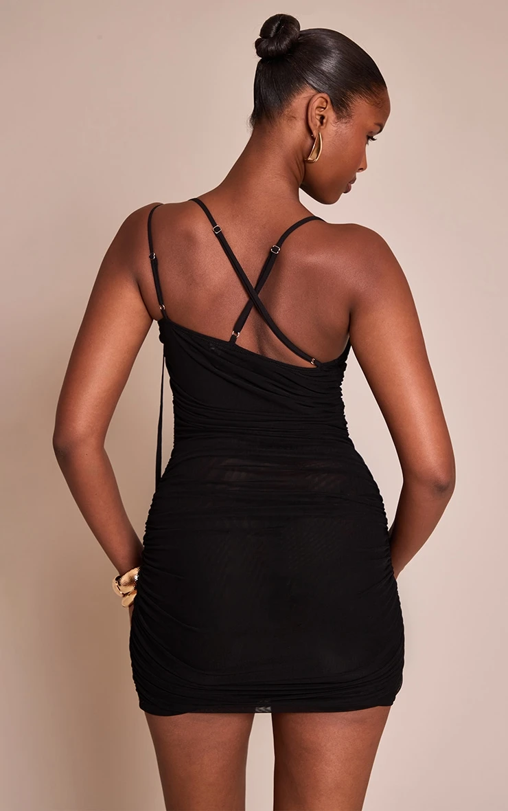 Prettylittlething Black Mesh Ruched Asymmetric Mini Dress 2 Prettylittlething Black Mesh Ruched Asymmetric Mini Dress - Image 2
