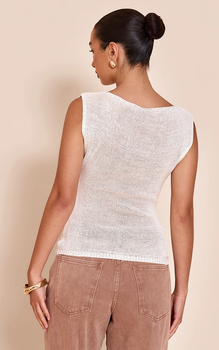 Off White Boat Neck Filagree Trim Top 2 Off White Boat Neck Filagree Trim Top - Image 2