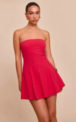 Prettylittlething Red Bandeau Pleated Shift Dress