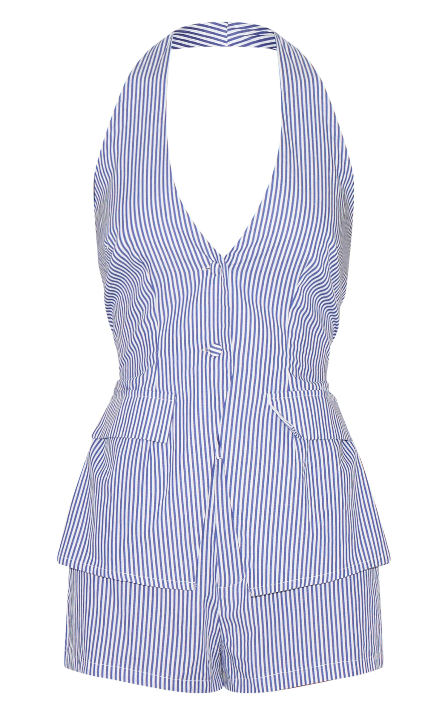 Prettylittlething Blue Pinstripe Halter Vest Tailored Romper 5 Prettylittlething Blue Pinstripe Halter Vest Tailored Romper - Image 5