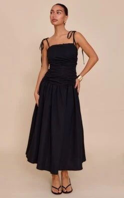 Prettylittlething Black Ruched Detail Strappy Maxi Dress