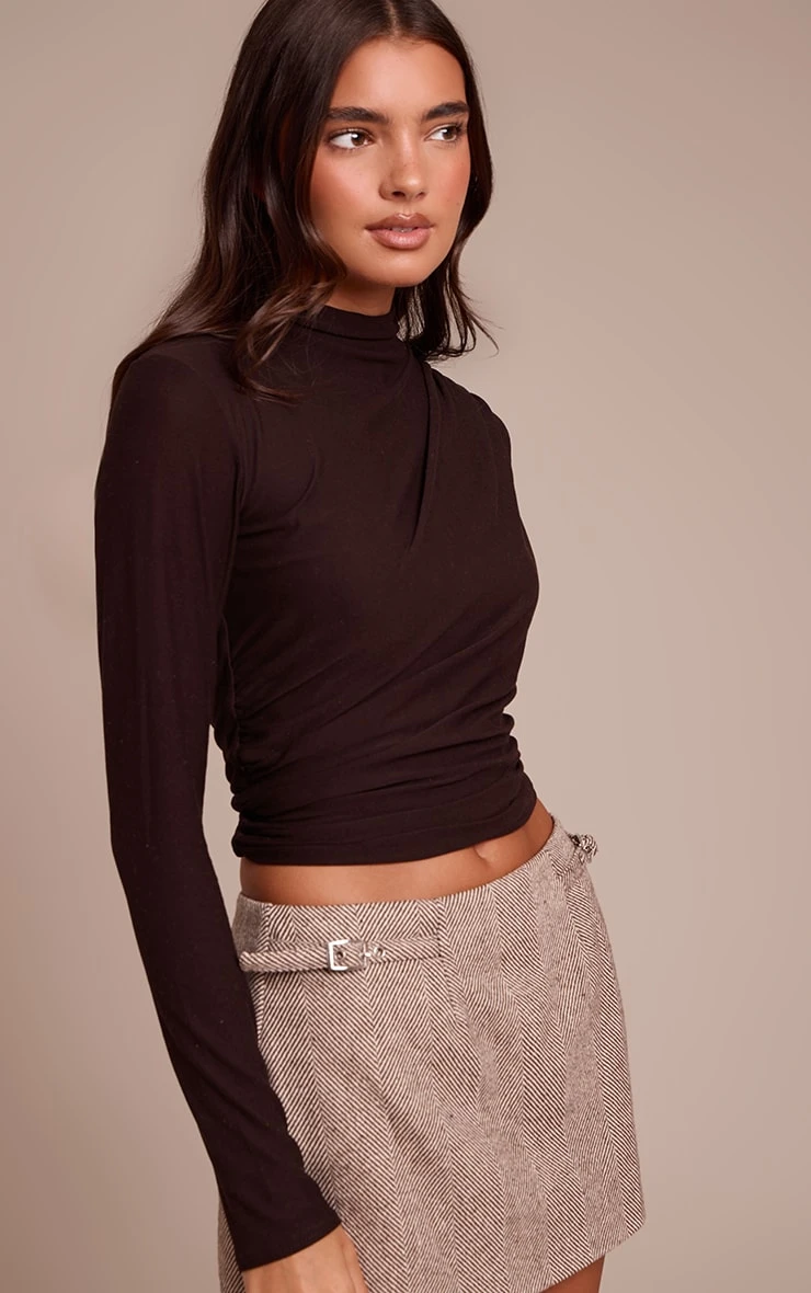 Prettylittlething Dark Chocolate Soft Touch High Neck Ruched Detail Long Sleeve Top