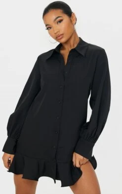 Prettylittlething Black Frill Hem Shirt Dress