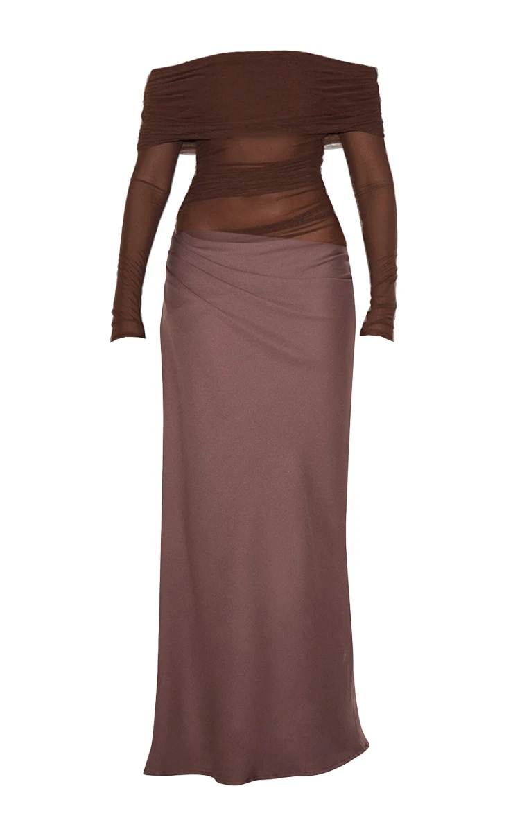 Prettylittlething Chocolate Satin Mesh Detail Bardot Maxi Dress 5 Prettylittlething Chocolate Satin Mesh Detail Bardot Maxi Dress - Image 5