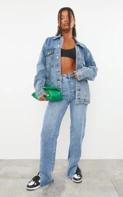 Prettylittlething Mid Blue Wash Split Hem Straight Leg Jeans