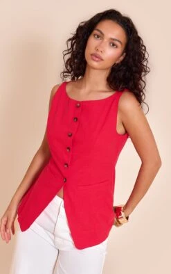 Prettylittlething Red Square Neck Linen Look Longline Vest
