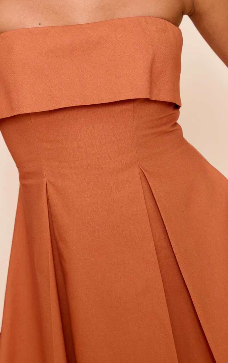 Prettylittlething Rust Linen-Blend Bandeau Fold Over Shift Dress 4 Prettylittlething Rust Linen-Blend Bandeau Fold Over Shift Dress - Image 4