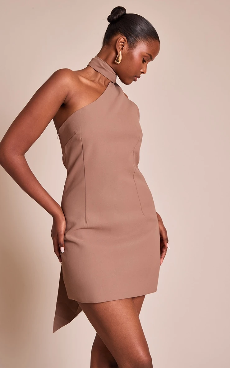 Prettylittlething Mocha Woven Asymmetric Scarf Detail Mini Dress 1 Prettylittlething Mocha Woven Asymmetric Scarf Detail Mini Dress