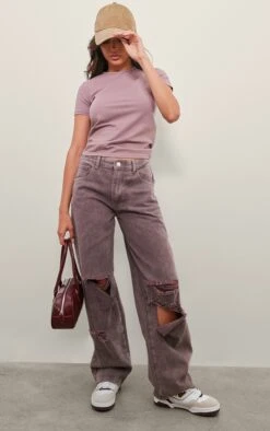 Prettylittlething Washed Mauve Baggy Low Rise Ripped Boyfriend Jeans