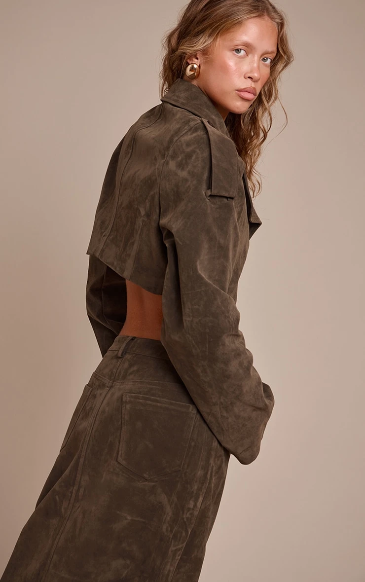 Khaki Faux Suede Cropped Trench 2 Khaki Faux Suede Cropped Trench - Image 2