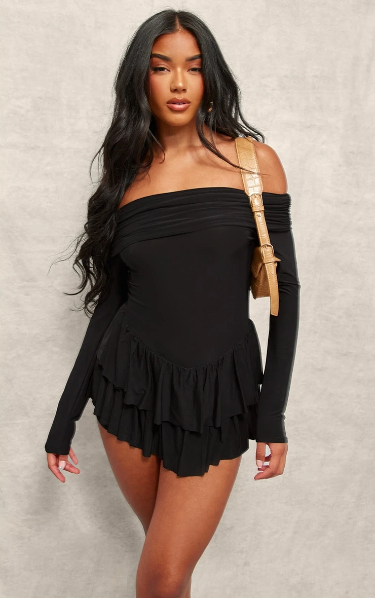 Prettylittlething Black Slinky Long Sleeve Bardot Rara Skort Romper 1 Prettylittlething Black Slinky Long Sleeve Bardot Rara Skort Romper