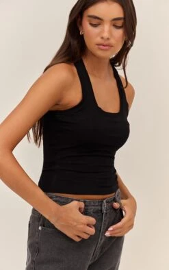 Prettylittlething Black Soft Rib Scoop Neck Vest Top