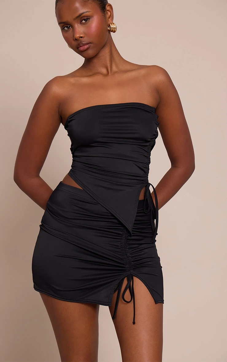 Prettylittlething Black Matte Touch Ruched Side Mini Skirt 2 Prettylittlething Black Matte Touch Ruched Side Mini Skirt - Image 2