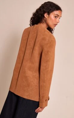 Prettylittlething Tan Collarless Button Detail Faux SuedeJacket -Pretty Little Thing Shop 604d3bb5a9263f6c4d9374677568a2a99c5cedae CNN8565 2 tan collarless button detail faux suede jacket