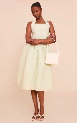 Prettylittlething Sage Embroidered Cotton Halterneck Midaxi Dress
