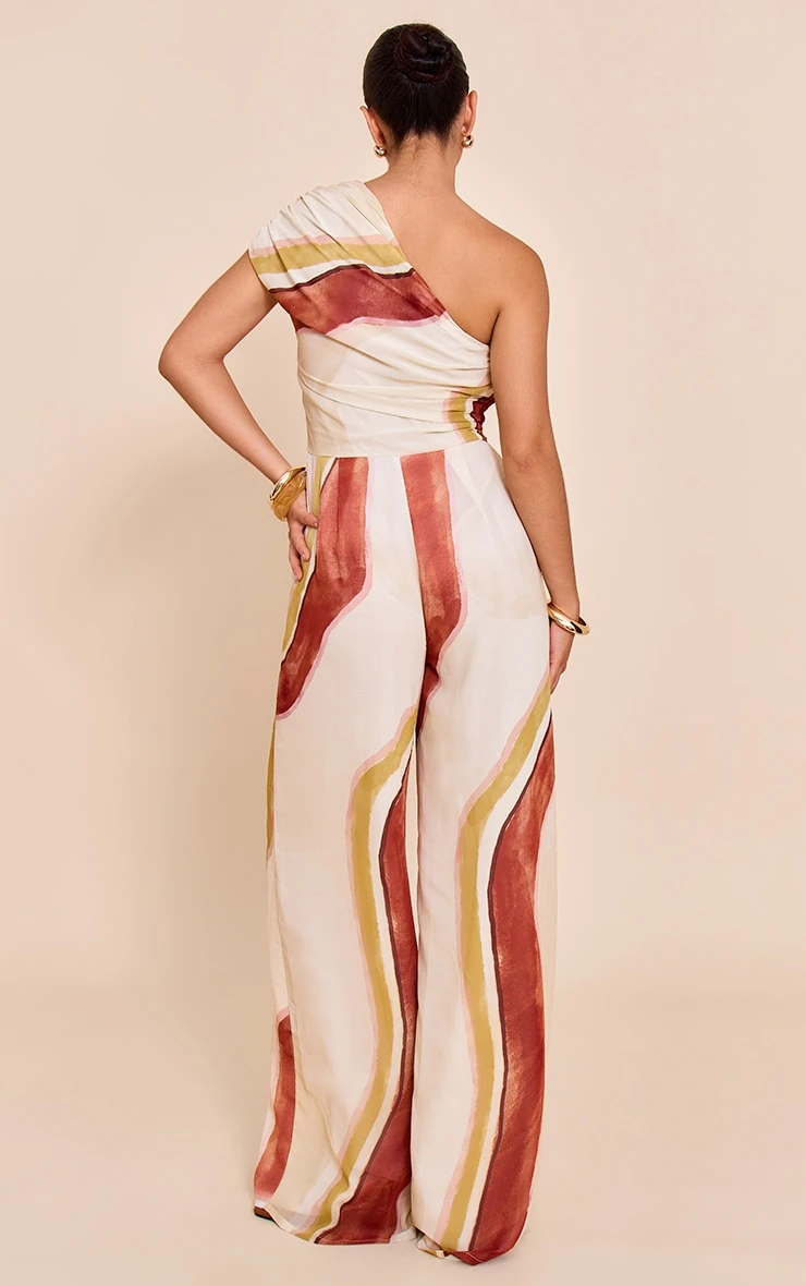 Prettylittlething Cream Abstract Chiffon One Shoulder Ruched Jumpsuit 2 Prettylittlething Cream Abstract Chiffon One Shoulder Ruched Jumpsuit - Image 2