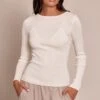 Cream Fine Knit Boat Neck Rib Knit Top