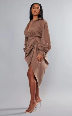 Prettylittlething Taupe Balloon Sleeve Gathered Skirt Midi Shirt Dress -Pretty Little Thing Shop 619eff6674445939c3a09534a61a88b1d35f9094 cnd0601 3