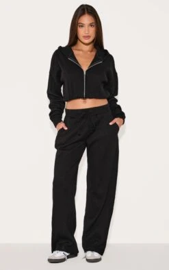 Prettylittlething Black Waffle Detail Wide Leg Pants