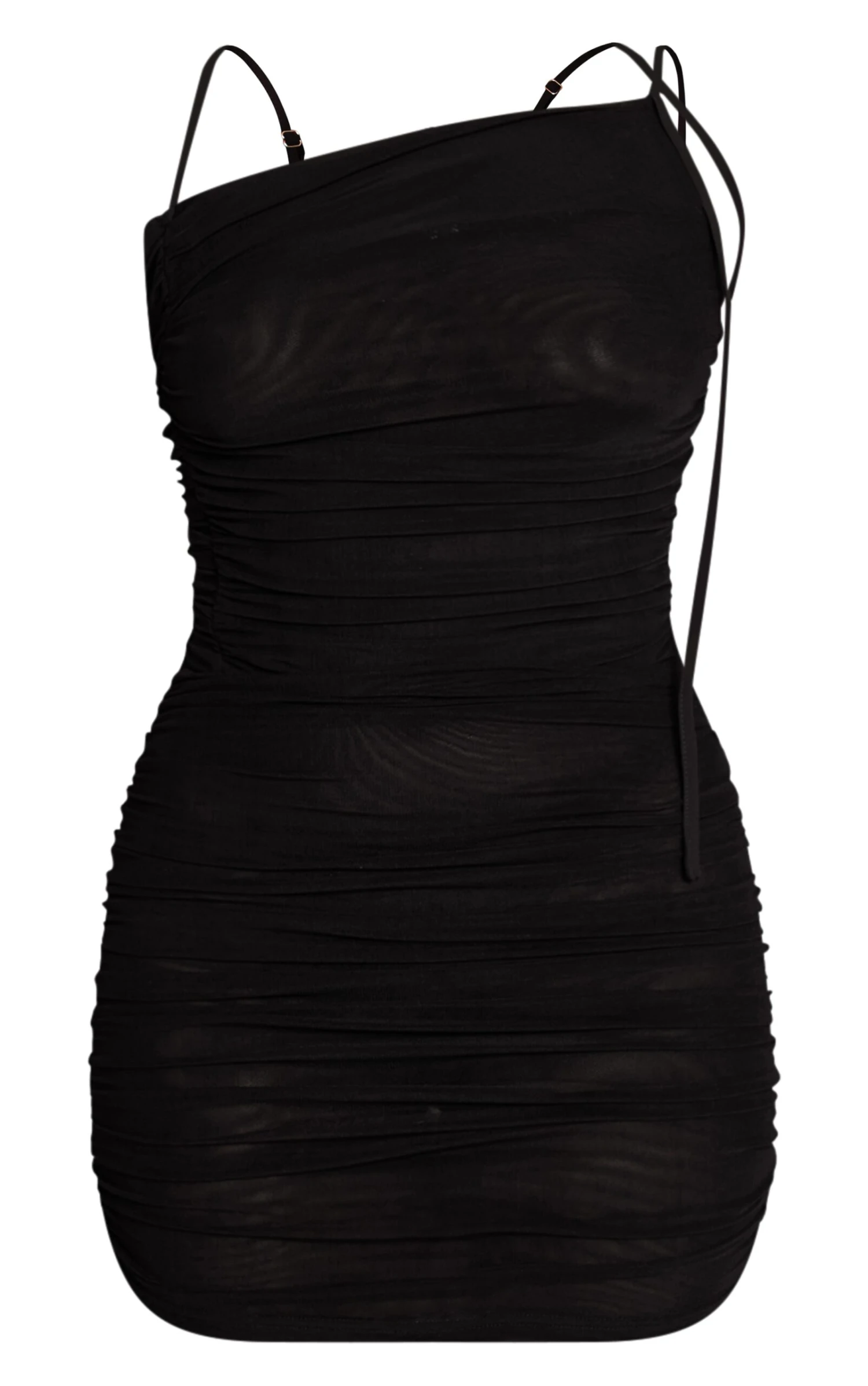 Prettylittlething Black Mesh Ruched Asymmetric Mini Dress 5 Prettylittlething Black Mesh Ruched Asymmetric Mini Dress - Image 5