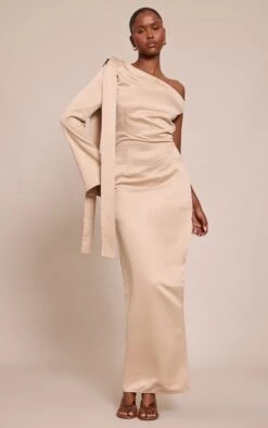 Prettylittlething Nude Textured Woven Tie Shoulder Maxi Dress