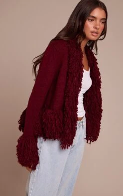 Burgundy Loop Knit Edge Cardigan