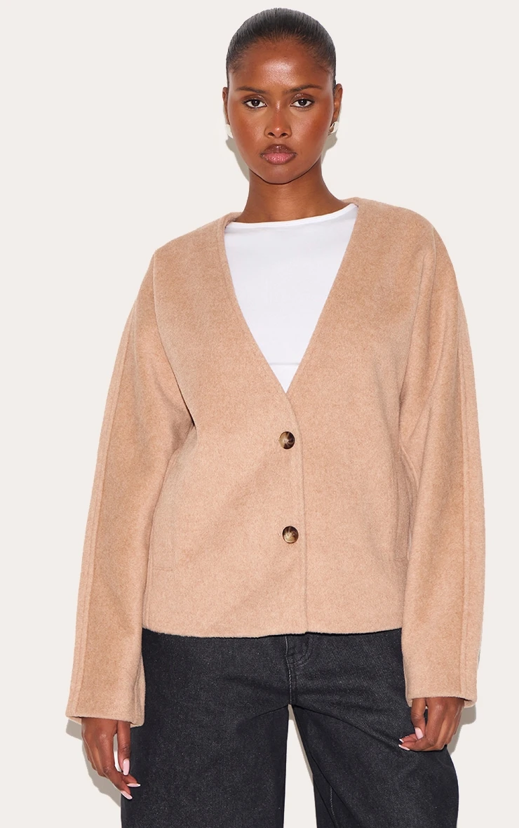 Prettylittlething Mocha Wool Look Button Up V Neck Jacket 1 Prettylittlething Mocha Wool Look Button Up V Neck Jacket