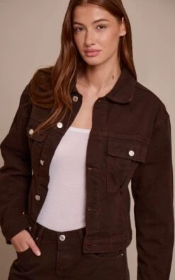 Prettylittlething Dark Chocolate Pleated Cinch Back Denim Jacket