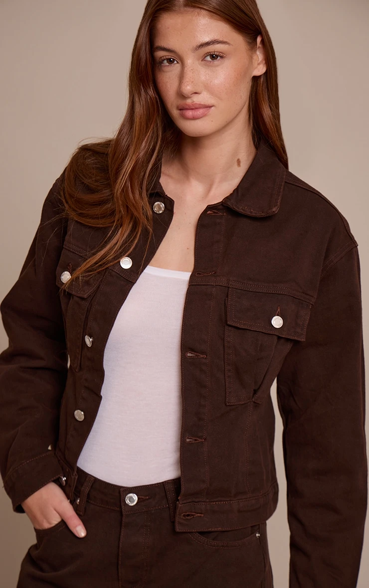 Prettylittlething Dark Chocolate Pleated Cinch Back Denim Jacket 1 Prettylittlething Dark Chocolate Pleated Cinch Back Denim Jacket
