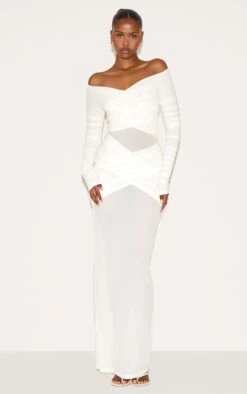 Prettylittlething Cream Bandage Mesh Bardot Layered Ruched Maxi Dress
