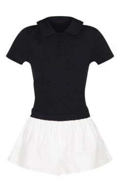 Prettylittlething Black Rib Polo Collar Detail Skort Romper -Pretty Little Thing Shop 62dd2997d52340deb6f0e273cca06f0e4fb4011a CNM0449 5 black rib polo collar detail skort playsuit