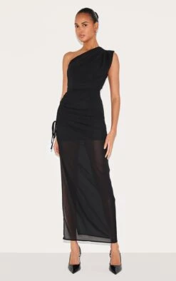 Prettylittlething Black Chiffon One Shoulder Ruched Maxi Dress