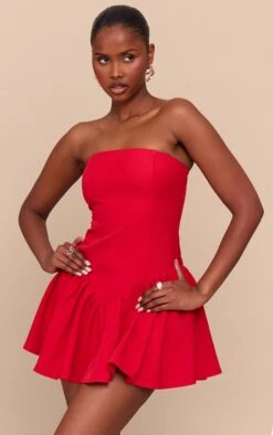 Prettylittlething Tomato Red Woven Bandeau Dropped Waist Romper