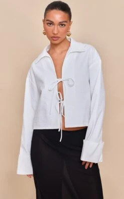 Prettylittlething White Tie Front Linen Look Collar Blazer