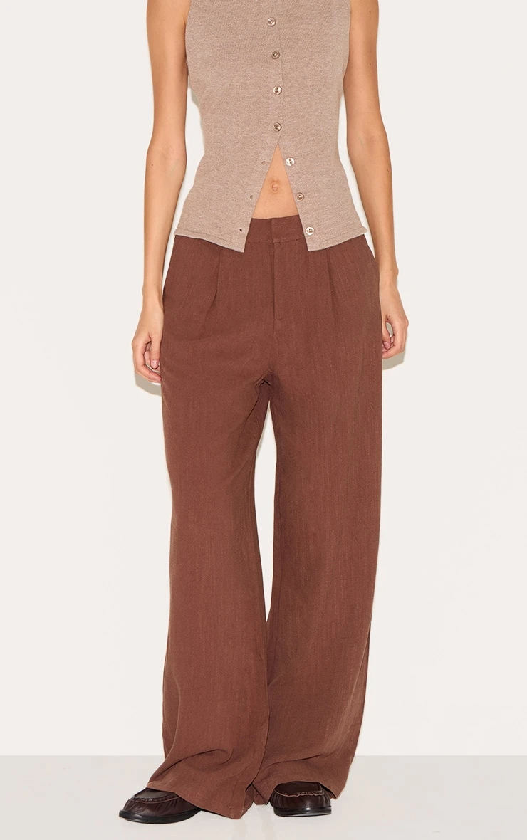 Prettylittlething Dark Chocolate Linen Blend Tailored Straight Leg Pants 2 Prettylittlething Dark Chocolate Linen Blend Tailored Straight Leg Pants - Image 2