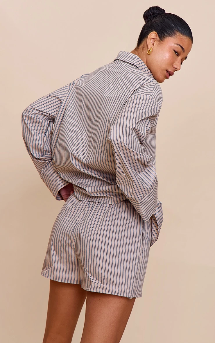 Prettylittlething Stone Woven Pinstripe Balloon Sleeve Oversized Shirt - Image 2